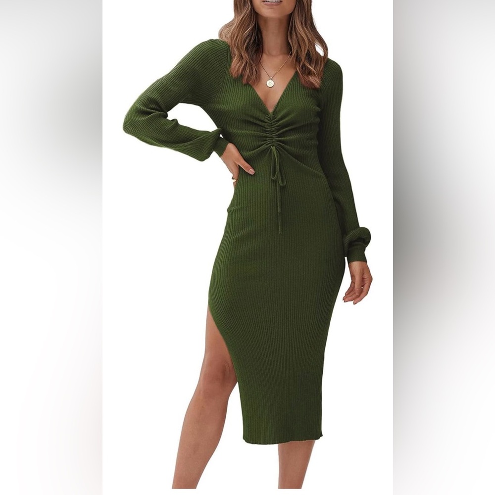 Women's Olive Green Ribbed Drawstring Midi Dress